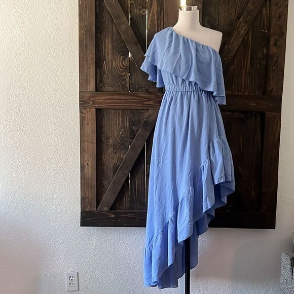 ZESICA ONE SHOULDER SLEEVELESS RUFFLE ASYMMETRICAL HIGH LOW Gown Wedding DRESS - Picture 6 of 14